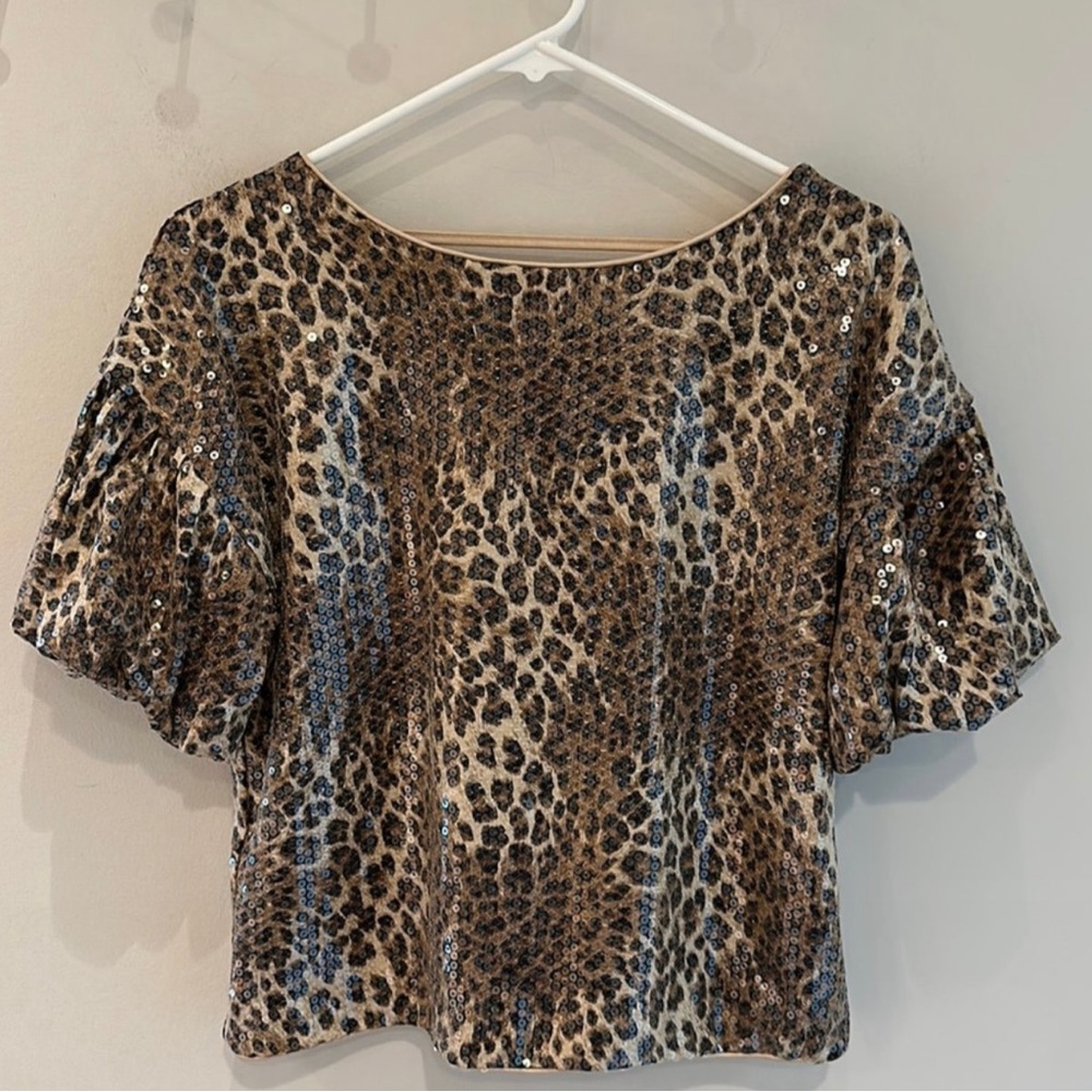 Herringstones Dee Dee Animal Printed Sequin Puff Sleeve Top